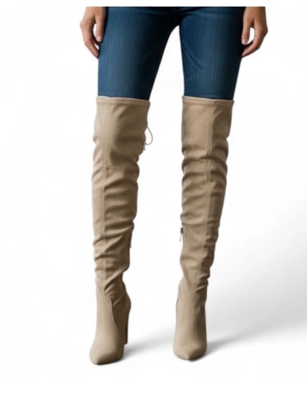 French Connection Over the knee beige vegan suede Jordan boots